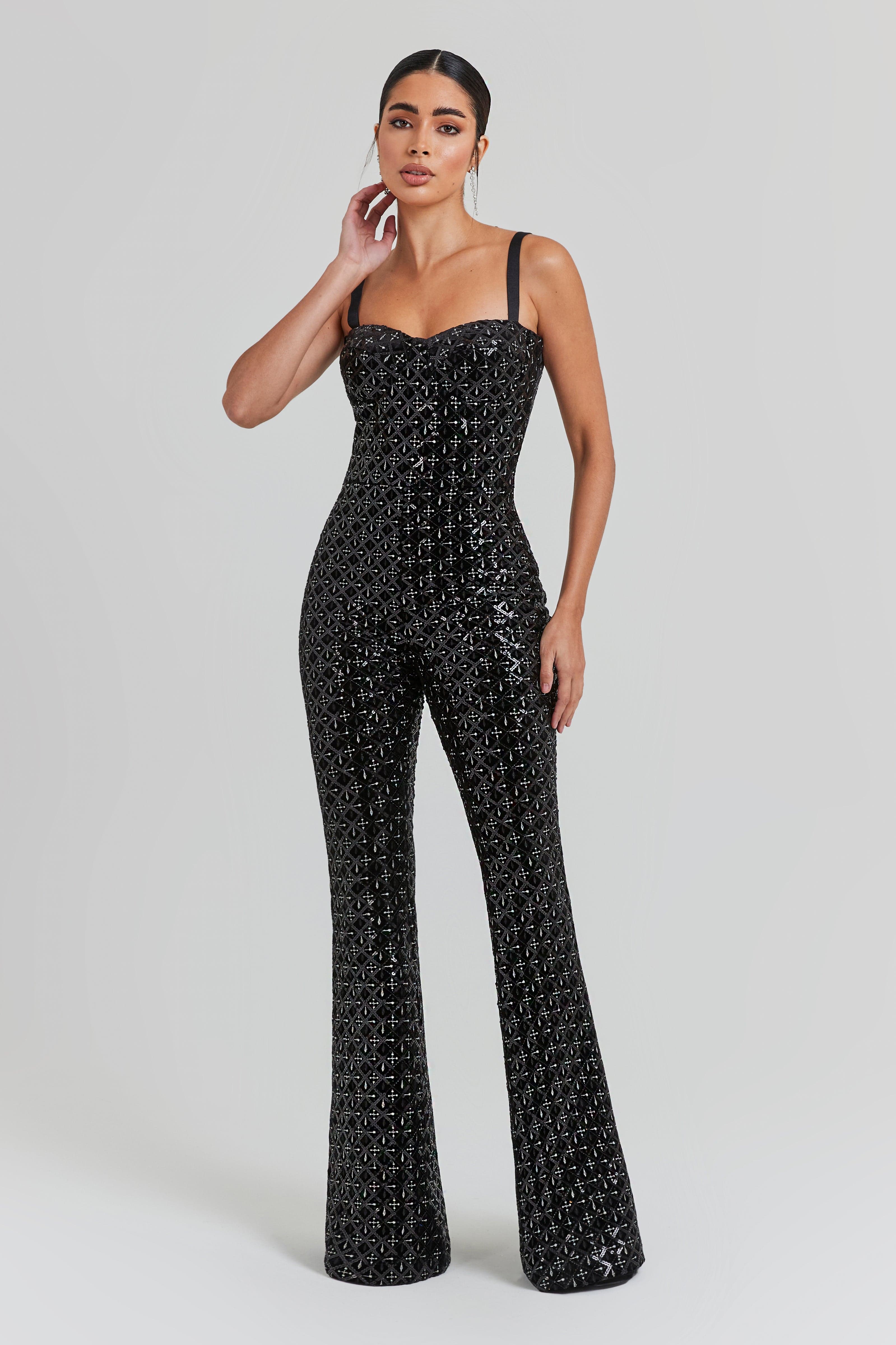 HAILEY Black Sequin Flare Jumpsuit NADINE MERABI