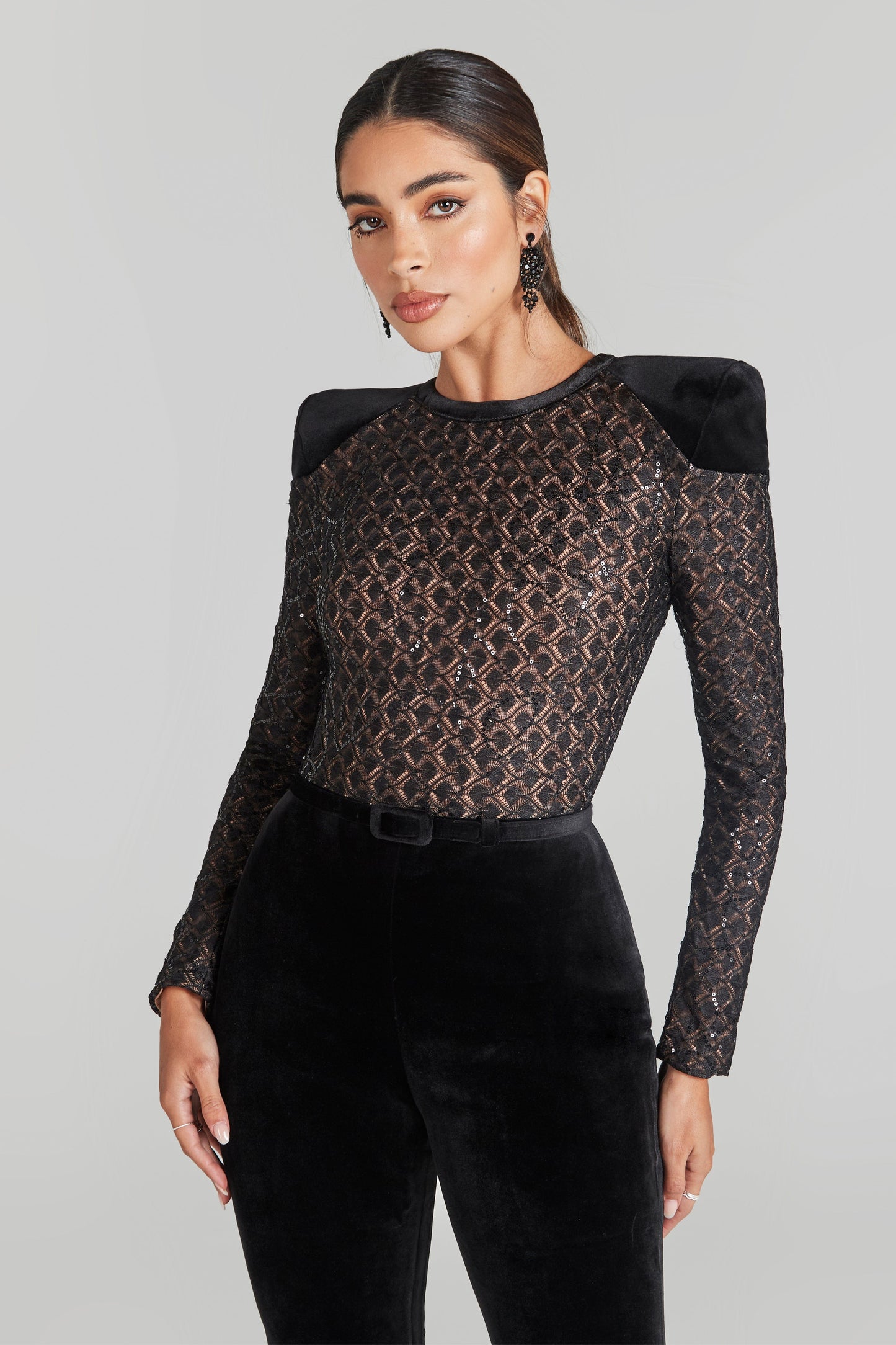 NADINE MERABI Jumpsuits AMANDA Black Velvet Sequin Jumpsuit