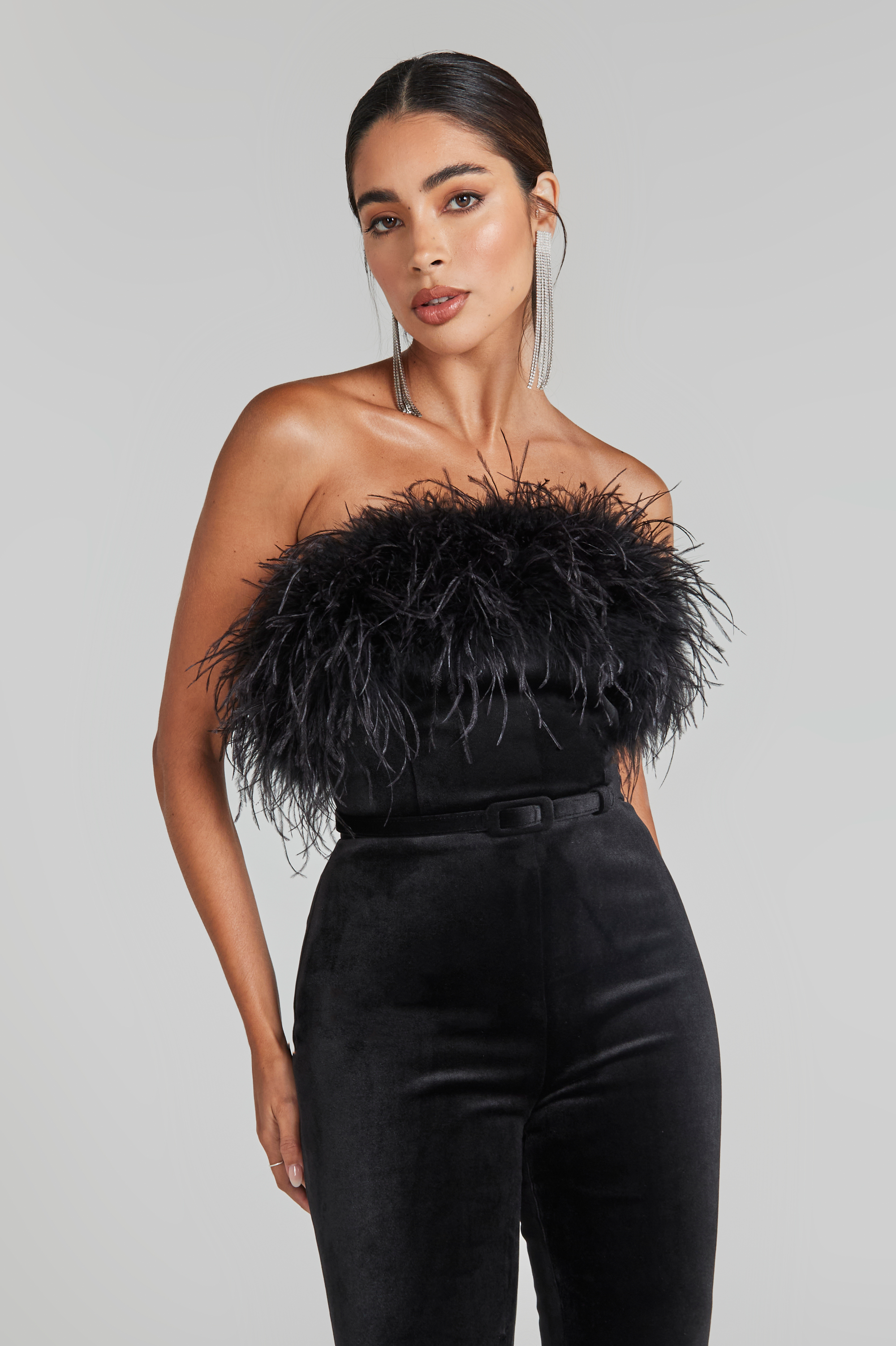 Black jumpsuit with feathers hotsell