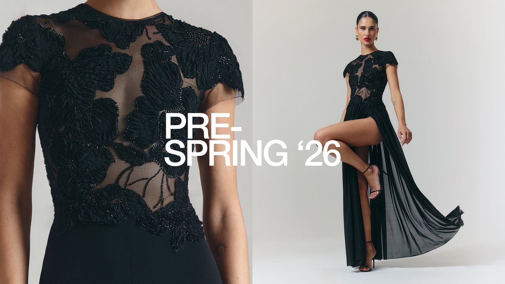 Black lace dress with 'Pre-Spring '26' text on a plain background