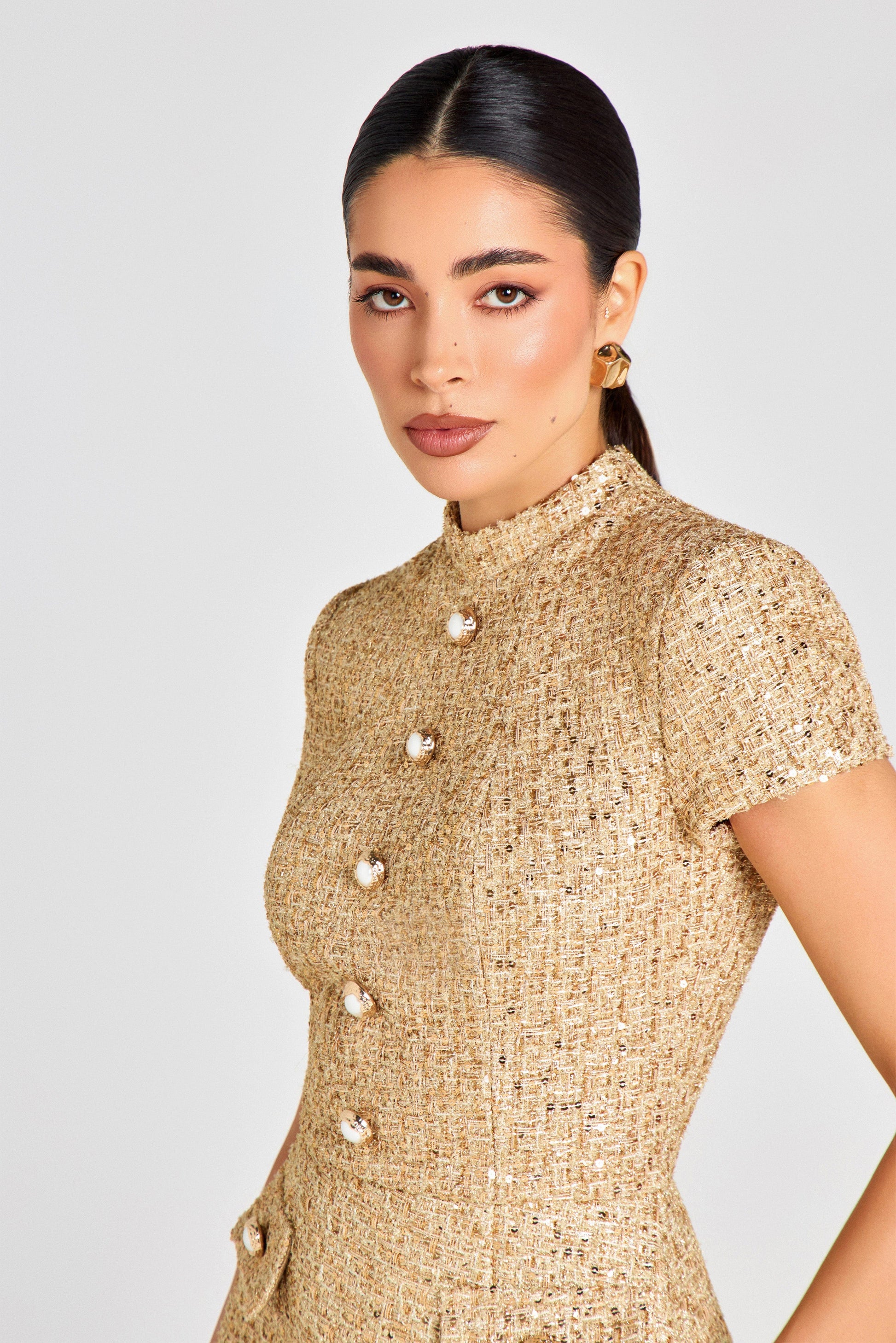Elysia Gold Leaf Sequin Dress | NADINE MERABI Elysia Gold Leaf Sequin Dress | NADINE MERABI