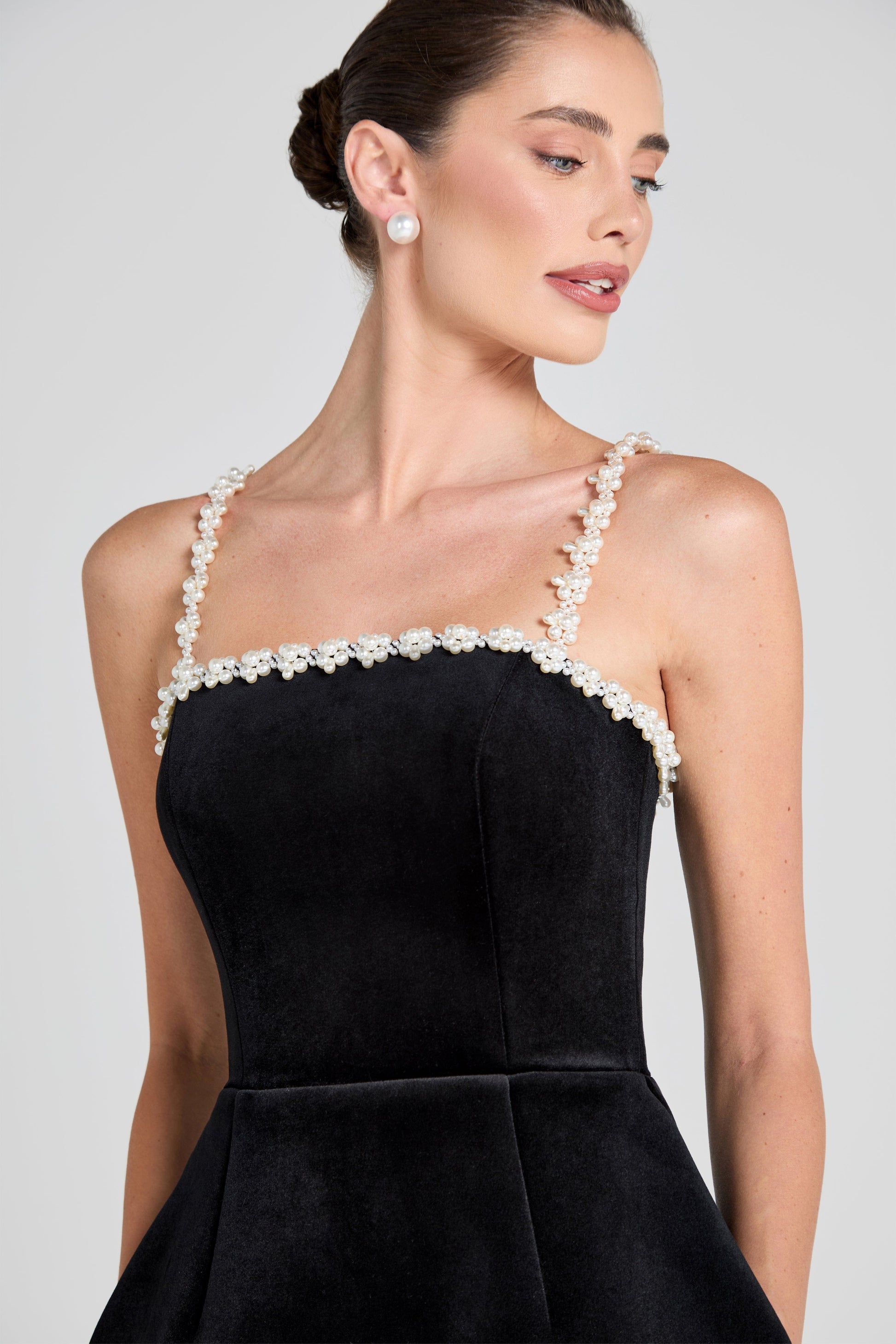 Em Velvet Black Velvet Pearl Dress | NADINE MERABI Em Velvet Black Velvet Pearl Dress | NADINE MERABI