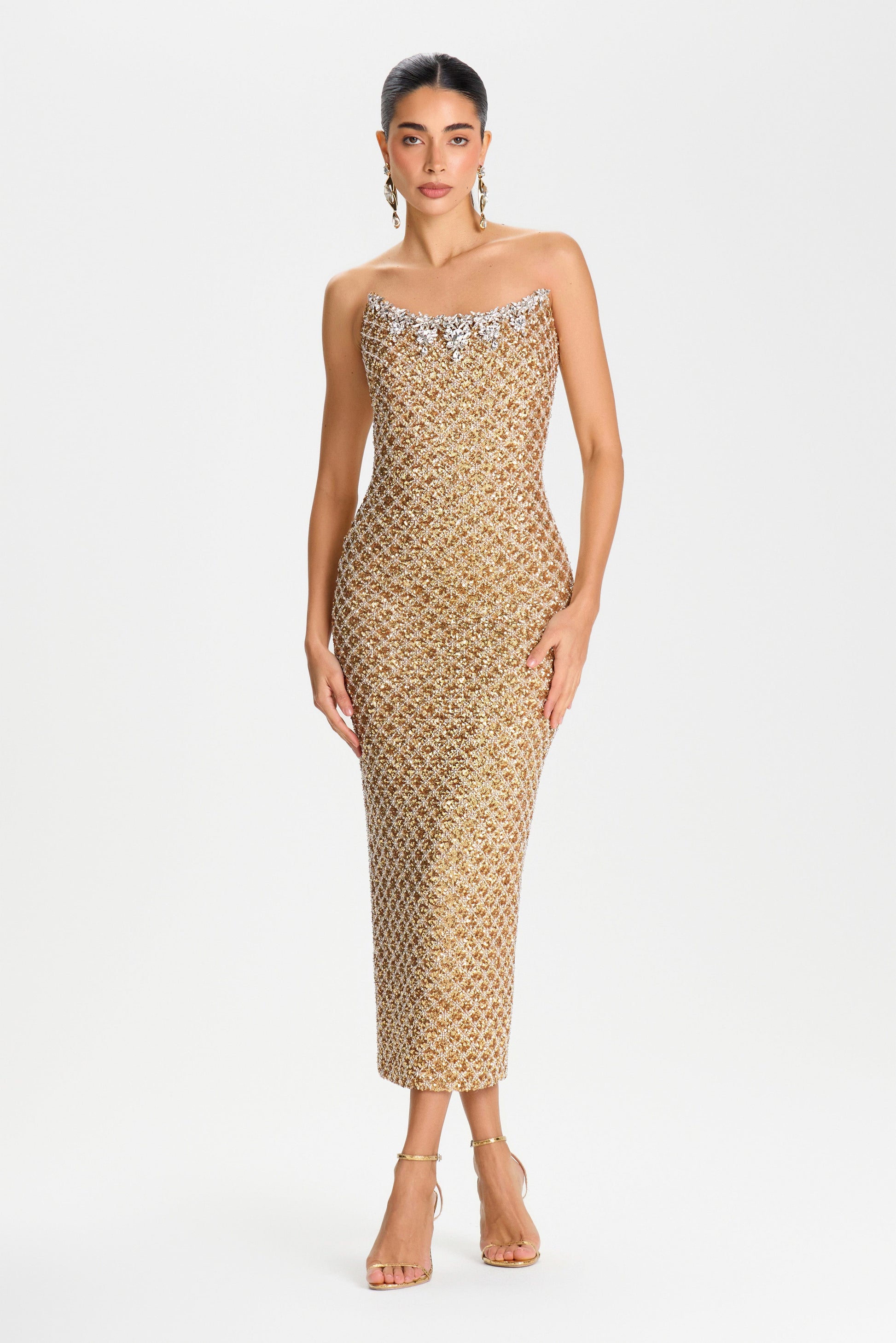 Isabella Gold Midaxi Dress | Gold Boucle | NADINE MERABI Isabella Gold Midaxi Dress | Gold Boucle | NADINE MERABI