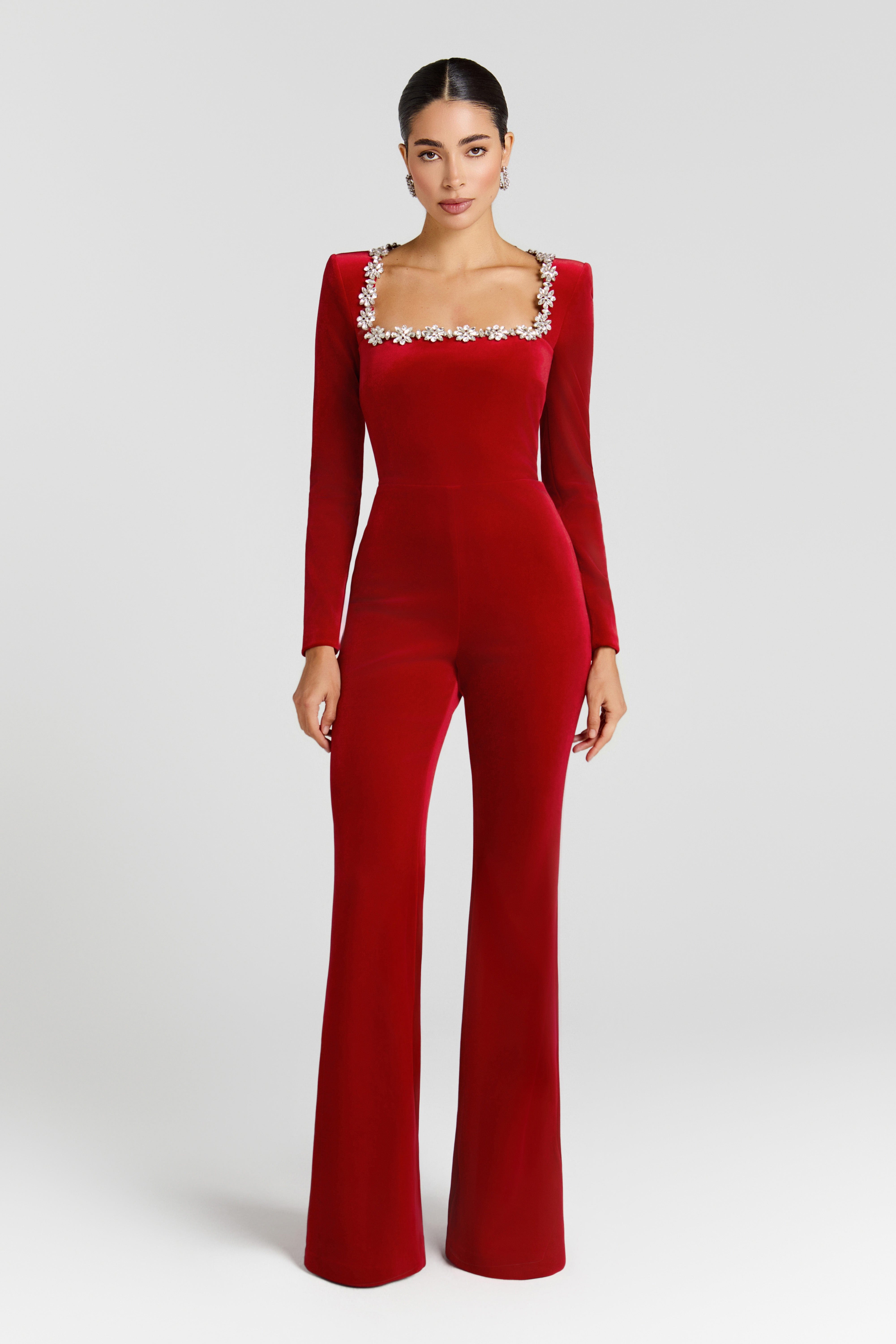 KIMBERLY Black Velvet Embellished Jumpsuit | NADINE MERABI