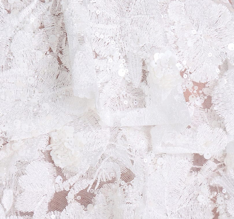 Close-up of white lace fabric with a subtle pattern