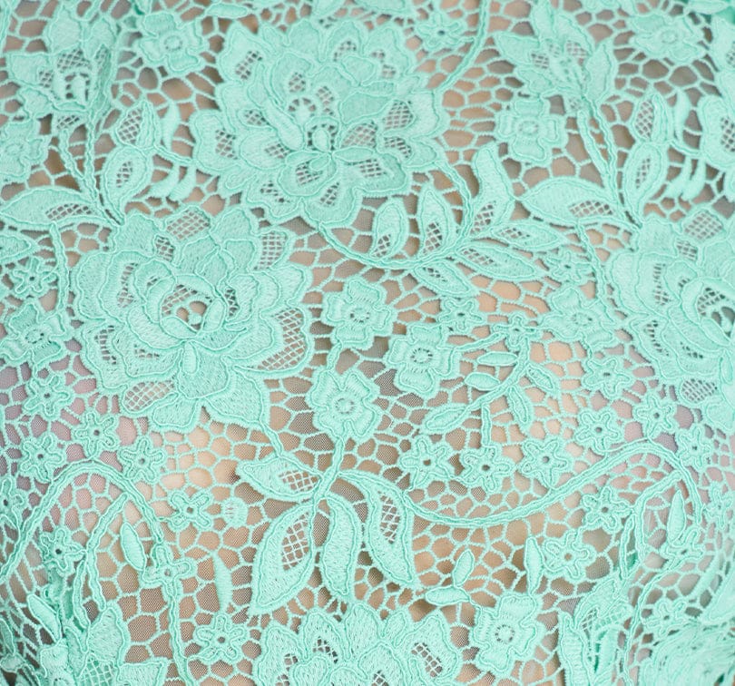 Close-up of teal lace fabric with intricate patterns