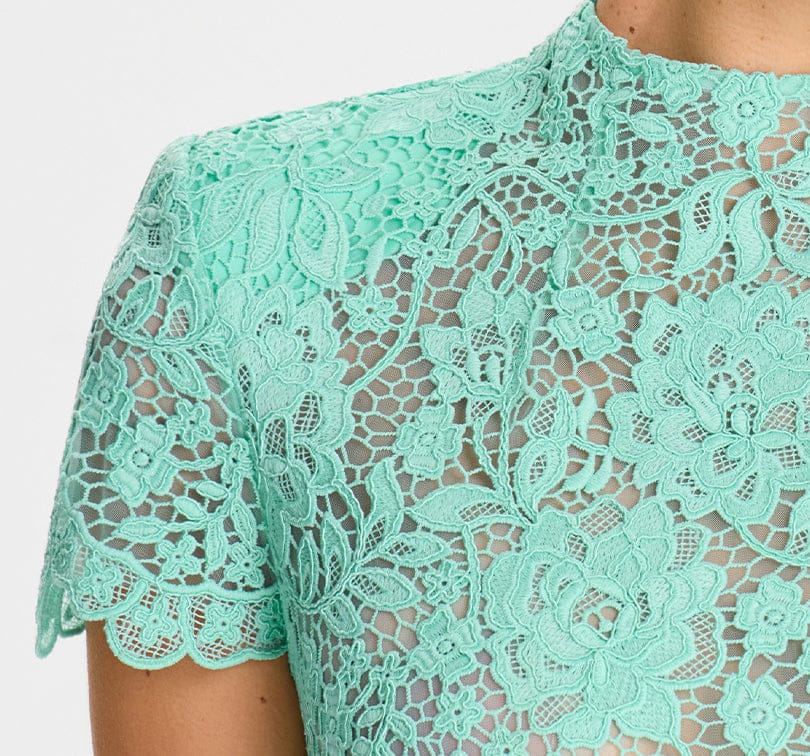 Close-up of a teal lace garment on a plain background