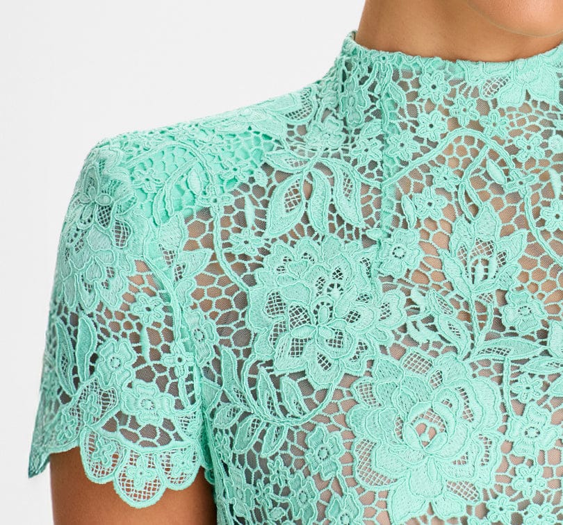 Close-up of a teal lace garment on a plain background