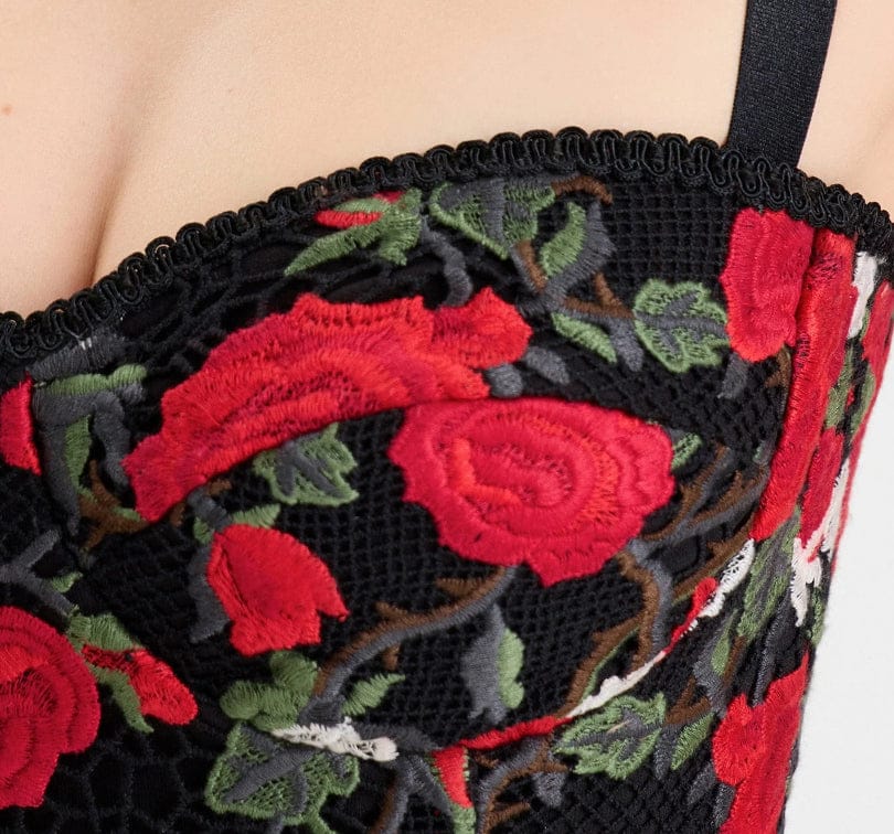 Embroidered lingerie with red roses on a black background