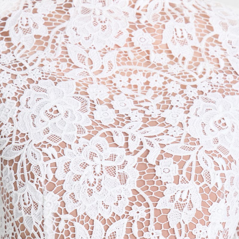 Close-up of white lace fabric with a detailed pattern