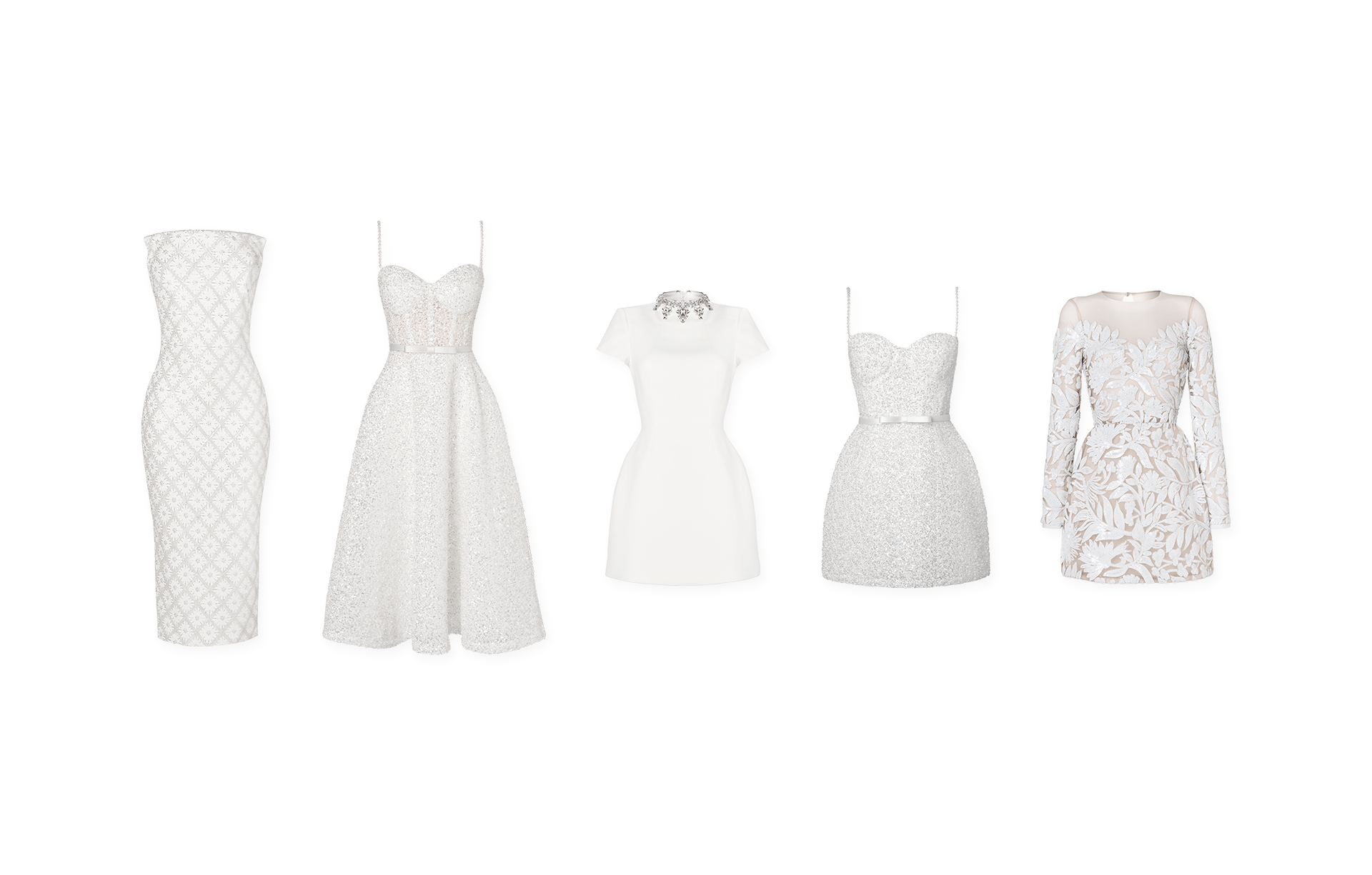 Five white dresses displayed on mannequins against a white background